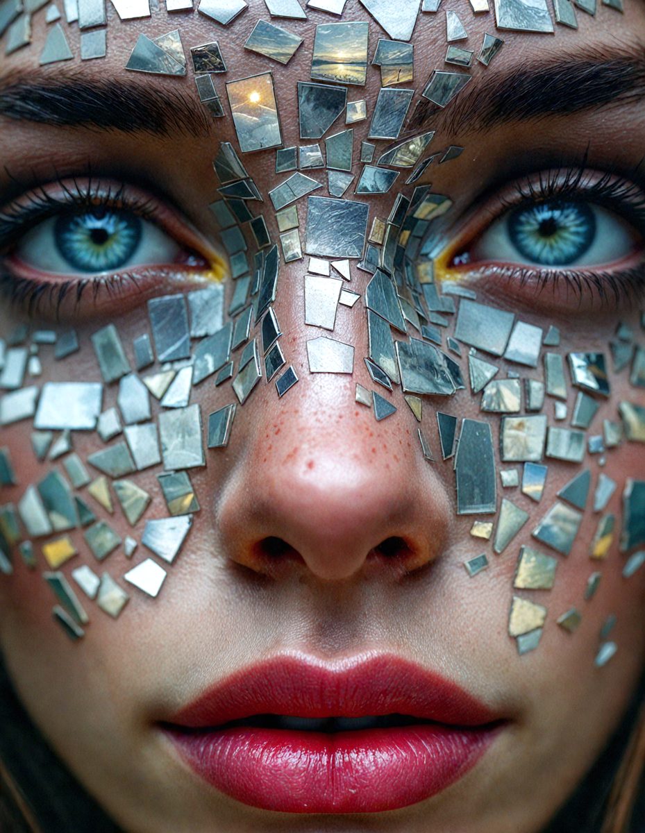 The primary subject of the image is a woman with a unique and artistic appearance. She has a face covered in shiny, metallic tiles, giving her a futuristic and intriguing look. The setting appears to be indoors, with the woman being the main focus of the scene. The visual style of the image is a combination of photo and digital art, creating a striking and eye-catching effect. The colors and mood of the image are predominantly silver and metallic, giving it a sleek and modern feel.